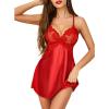 Lovasy Women Lingerie Sexy Nightwear Satin Nightgown Lace Babydoll Chemise Night Dress with Thong Sleepwear S-2XL(Red)