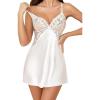 Lovasy Women Lingerie Sexy Nightwear Satin Nightgown Lace Babydoll Chemise Night Dress with Thong Sleepwear S-2XL(White)