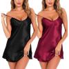 Lovasy Women’s 2 Pack Silk Nightgown Sexy Lingerie Satin Sleepwear Negligee V Neck Chemise Nightwear Mini Slip Dress S-XXL(Black & Purplish Red)