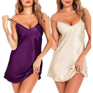 Lovasy Women’s 2 Pack Silk Nightgown Sexy Lingerie Satin Sleepwear Negligee V Neck Chemise Nightwear Mini Slip Dress S-XXL(Dark Purple & Champagne)