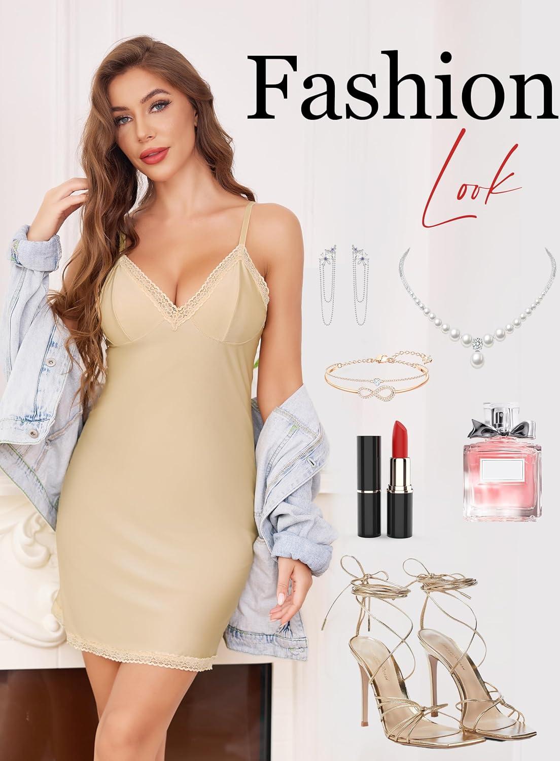 imageLovasy Womens Lingerie Sexy V Neck Slip Dress Cami Nightgown Lace Babydoll Spaghetti Strap Sleepwear S3XLNude