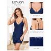 Lovasy Womens Lingerie Sexy V Neck Slip Dress Cami Nightgown Lace Babydoll Spaghetti Strap Sleepwear S-3XL(Navy Blue)