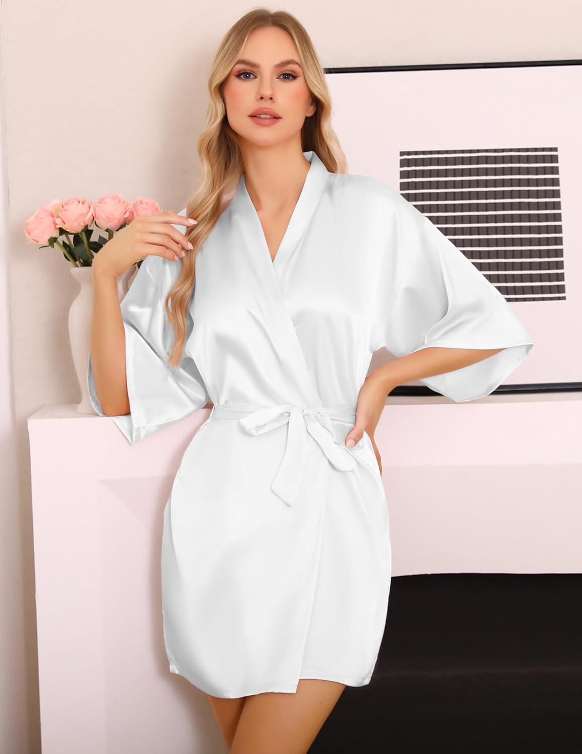 imageLovasy Womens Satin Robes Silky Short Robe Lightweight Sleepwear Bride Bridesmaids Bathrobes Dressing Gowns Loungewear SXXLWhite