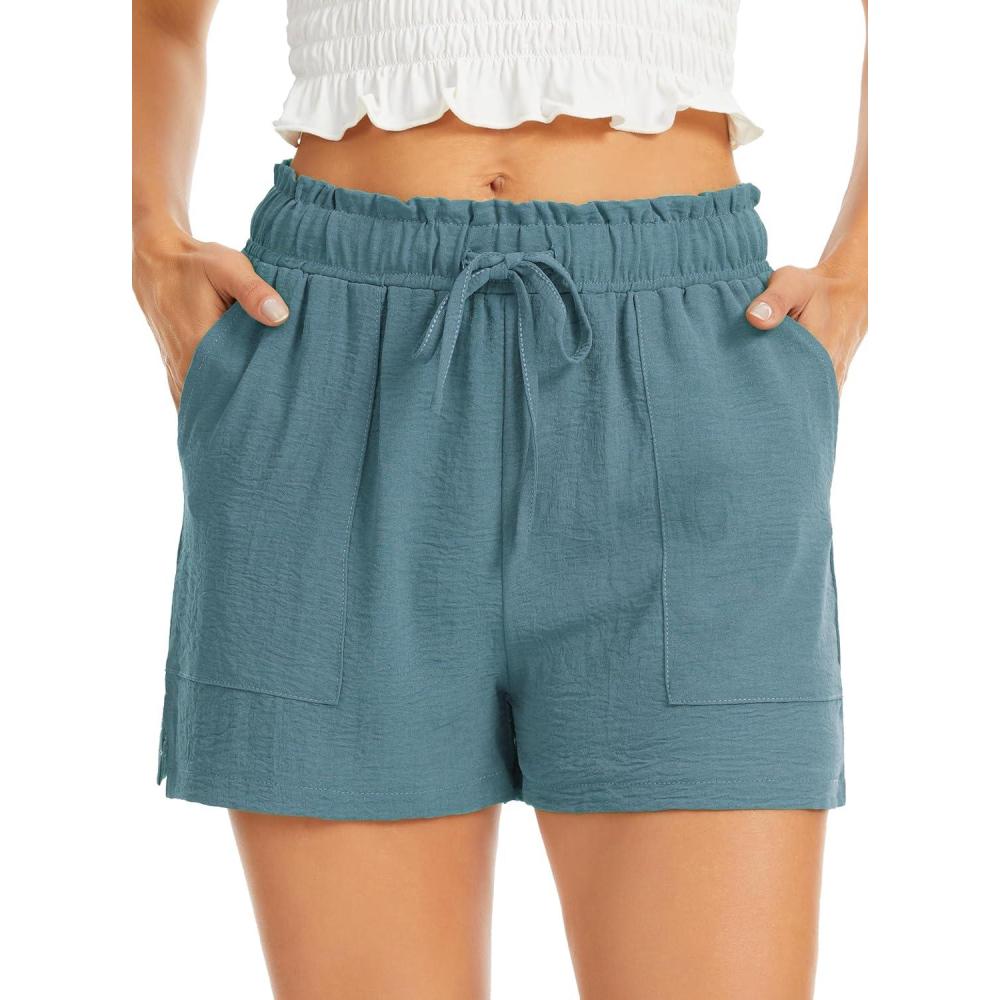 imageLovasy Women Summer Casual Shorts with Pockets Elastic High Waisted Flowy Shorts Lounge Side Slit Lightweight Bottom S3XLLake Blue
