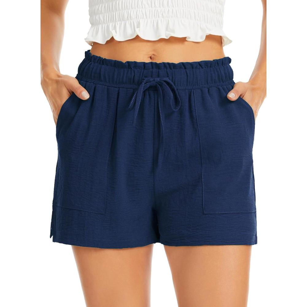 imageLovasy Women Summer Casual Shorts with Pockets Elastic High Waisted Flowy Shorts Lounge Side Slit Lightweight Bottom S3XLNavy Blue