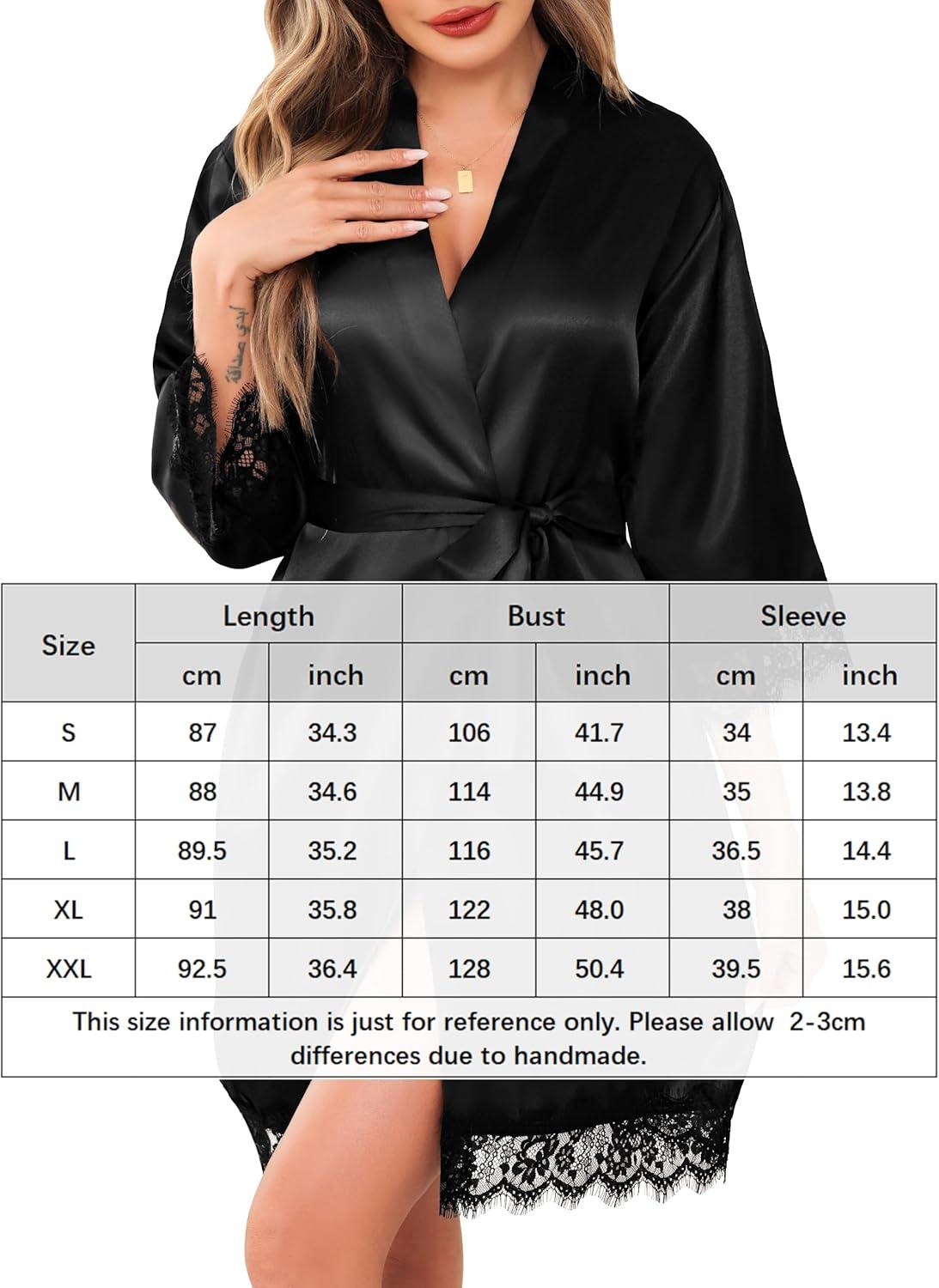 imageLovasy Womens Silk Robe Lace Trim 34 Sleeve Kimono Robes Lightweight Satin Sexy Bride Bridesmaid Bathrobe Sleepwear SXXLBlack
