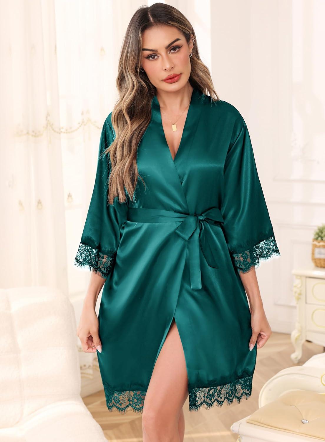 imageLovasy Womens Silk Robe Lace Trim 34 Sleeve Kimono Robes Lightweight Satin Sexy Bride Bridesmaid Bathrobe Sleepwear SXXLDark Green
