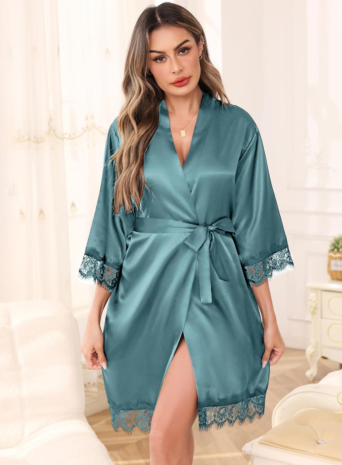 imageLovasy Womens Silk Robe Lace Trim 34 Sleeve Kimono Robes Lightweight Satin Sexy Bride Bridesmaid Bathrobe Sleepwear SXXLGray Green