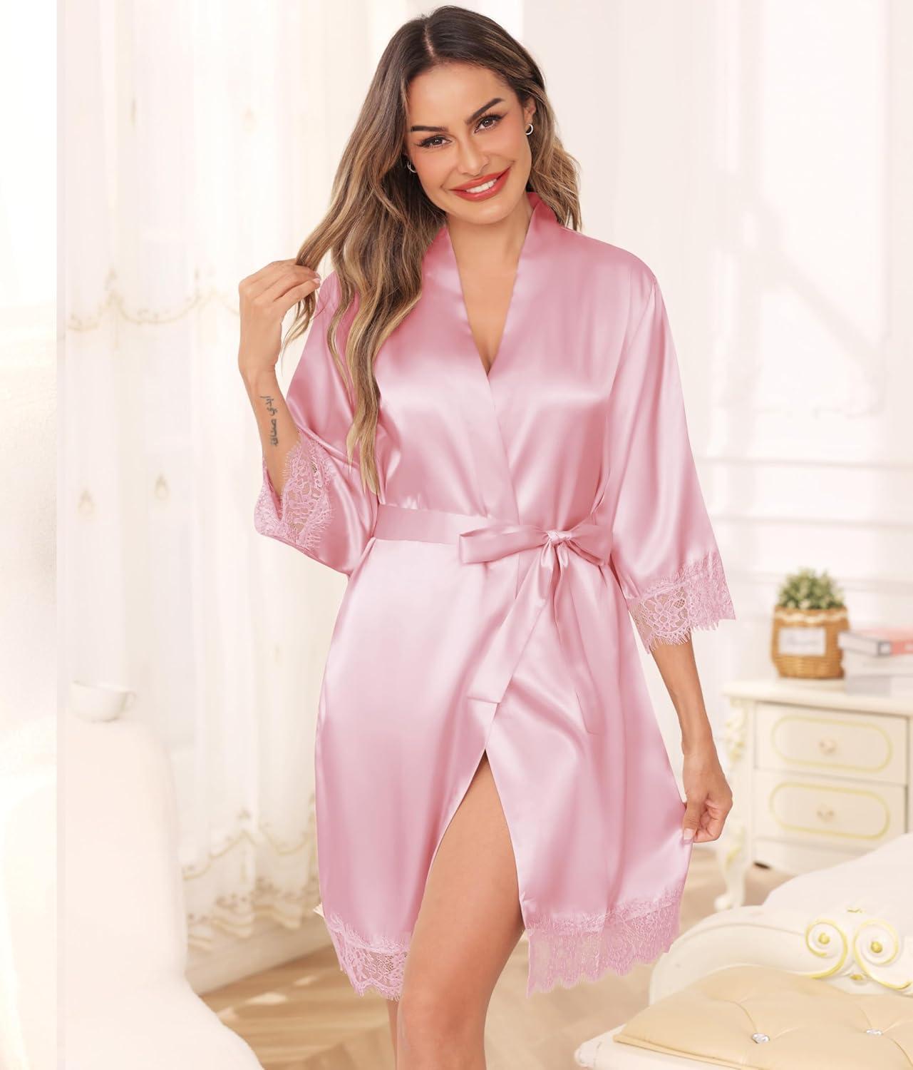imageLovasy Womens Silk Robe Lace Trim 34 Sleeve Kimono Robes Lightweight Satin Sexy Bride Bridesmaid Bathrobe Sleepwear SXXLPink