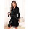 Lovasy Womens Silk Robe Lace Trim 3/4 Sleeve Kimono Robes Lightweight Satin Sexy Bride Bridesmaid Bathrobe Sleepwear S-XXL(Black)