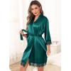 Lovasy Womens Silk Robe Lace Trim 3/4 Sleeve Kimono Robes Lightweight Satin Sexy Bride Bridesmaid Bathrobe Sleepwear S-XXL(Dark Green)