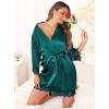 Lovasy Womens Silk Robe Lace Trim 3/4 Sleeve Kimono Robes Lightweight Satin Sexy Bride Bridesmaid Bathrobe Sleepwear S-XXL(Dark Green)