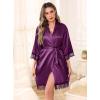 Lovasy Womens Silk Robe Lace Trim 3/4 Sleeve Kimono Robes Lightweight Satin Sexy Bride Bridesmaid Bathrobe Sleepwear S-XXL(Dark Purple)