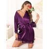 Lovasy Womens Silk Robe Lace Trim 3/4 Sleeve Kimono Robes Lightweight Satin Sexy Bride Bridesmaid Bathrobe Sleepwear S-XXL(Dark Purple)