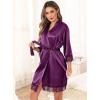 Lovasy Womens Silk Robe Lace Trim 3/4 Sleeve Kimono Robes Lightweight Satin Sexy Bride Bridesmaid Bathrobe Sleepwear S-XXL(Dark Purple)
