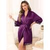 Lovasy Womens Silk Robe Lace Trim 3/4 Sleeve Kimono Robes Lightweight Satin Sexy Bride Bridesmaid Bathrobe Sleepwear S-XXL(Dark Purple)