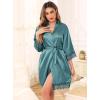 Lovasy Womens Silk Robe Lace Trim 3/4 Sleeve Kimono Robes Lightweight Satin Sexy Bride Bridesmaid Bathrobe Sleepwear S-XXL(Gray Green)