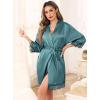 Lovasy Womens Silk Robe Lace Trim 3/4 Sleeve Kimono Robes Lightweight Satin Sexy Bride Bridesmaid Bathrobe Sleepwear S-XXL(Gray Green)