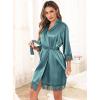 Lovasy Womens Silk Robe Lace Trim 3/4 Sleeve Kimono Robes Lightweight Satin Sexy Bride Bridesmaid Bathrobe Sleepwear S-XXL(Gray Green)