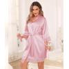 Lovasy Womens Silk Robe Lace Trim 3/4 Sleeve Kimono Robes Lightweight Satin Sexy Bride Bridesmaid Bathrobe Sleepwear S-XXL(Pink)