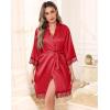 Lovasy Womens Silk Robe Lace Trim 3/4 Sleeve Kimono Robes Lightweight Satin Sexy Bride Bridesmaid Bathrobe Sleepwear S-XXL(Wine Red)