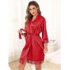 Lovasy Womens Silk Robe Lace Trim 3/4 Sleeve Kimono Robes Lightweight Satin Sexy Bride Bridesmaid Bathrobe Sleepwear S-XXL(Wine Red)