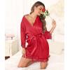 Lovasy Womens Silk Robe Lace Trim 3/4 Sleeve Kimono Robes Lightweight Satin Sexy Bride Bridesmaid Bathrobe Sleepwear S-XXL(Wine Red)