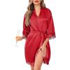 Lovasy Womens Silk Robe Lace Trim 3/4 Sleeve Kimono Robes Lightweight Satin Sexy Bride Bridesmaid Bathrobe Sleepwear S-XXL(Wine Red)