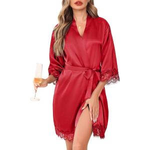 Lovasy Womens Silk Robe Lace Trim 3/4 Sleeve Kimono Robes Lightweight Satin Sexy Bride Bridesmaid Bathrobe Sleepwear S-XXL(Wine Red)