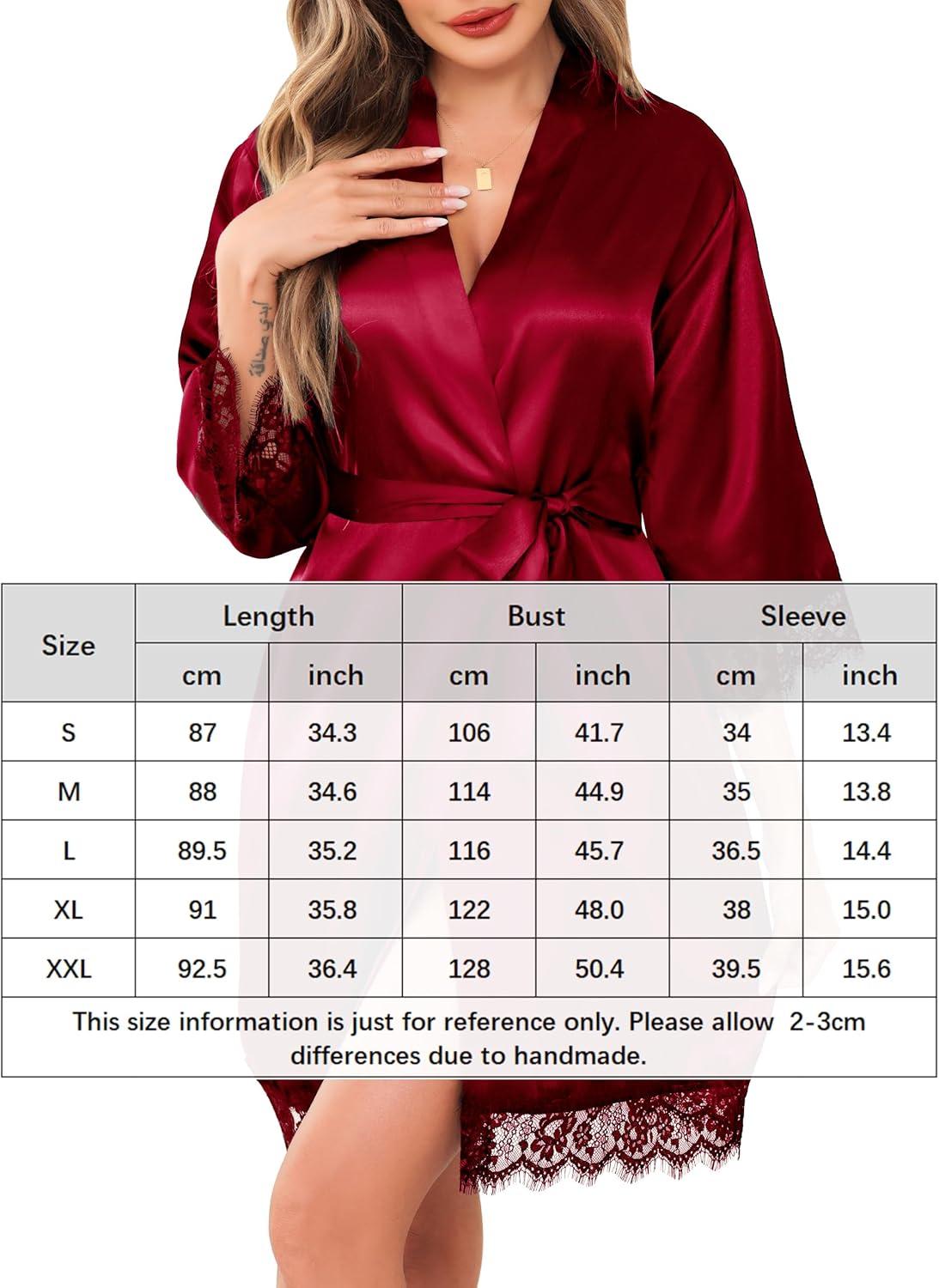 imageLovasy Womens Silk Robe Lace Trim 34 Sleeve Kimono Robes Lightweight Satin Sexy Bride Bridesmaid Bathrobe Sleepwear SXXLPurplishRed