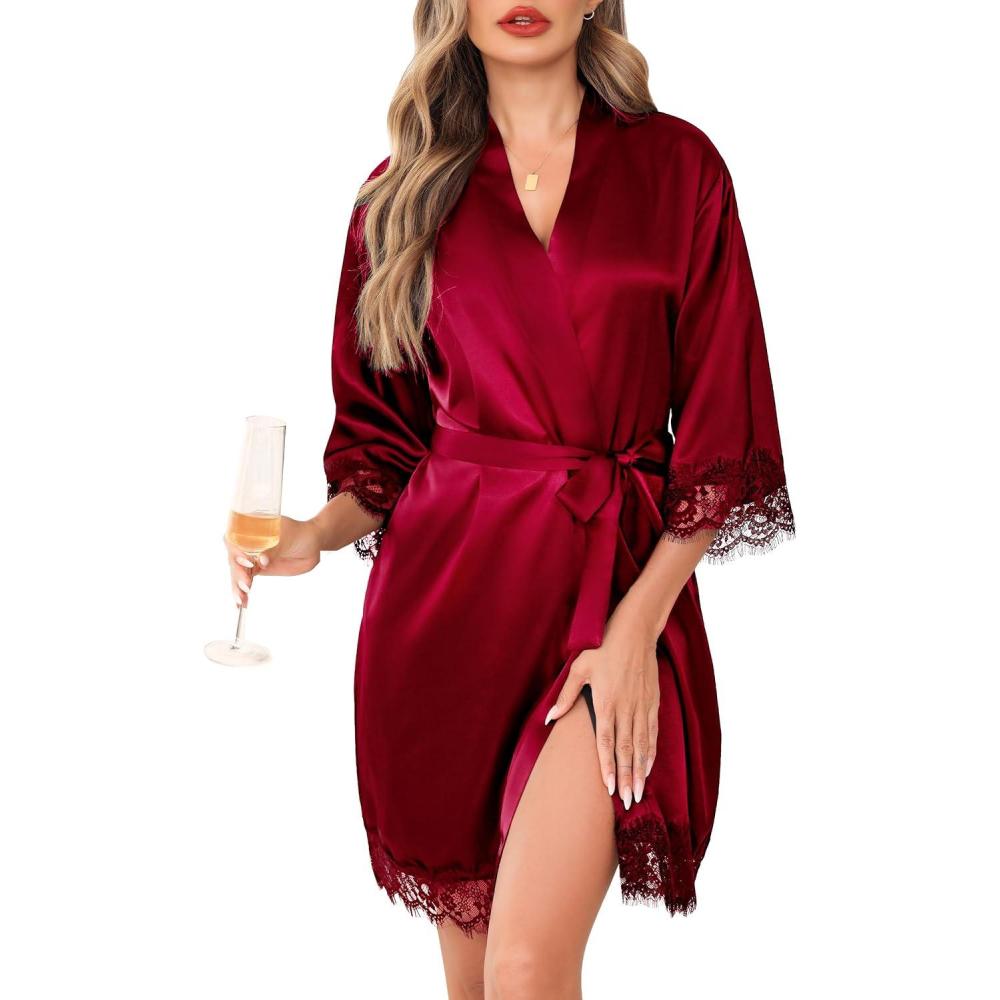 imageLovasy Womens Silk Robe Lace Trim 34 Sleeve Kimono Robes Lightweight Satin Sexy Bride Bridesmaid Bathrobe Sleepwear SXXLPurplishRed