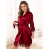 Lovasy Womens Silk Robe Lace Trim 3/4 Sleeve Kimono Robes Lightweight Satin Sexy Bride Bridesmaid Bathrobe Sleepwear S-XXL(Purplish Red)