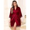 Lovasy Womens Silk Robe Lace Trim 3/4 Sleeve Kimono Robes Lightweight Satin Sexy Bride Bridesmaid Bathrobe Sleepwear S-XXL(Purplish Red)