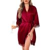 Lovasy Womens Silk Robe Lace Trim 3/4 Sleeve Kimono Robes Lightweight Satin Sexy Bride Bridesmaid Bathrobe Sleepwear S-XXL(Purplish Red)