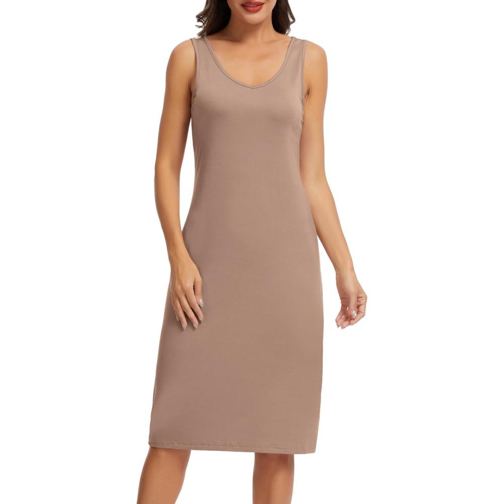 imageLovasy Womens Full Slips for Under Dresses Long Tank Slip Dress V Neck Wide Straps Sleeveless Nightgown Sleepwear S3XLCoffee