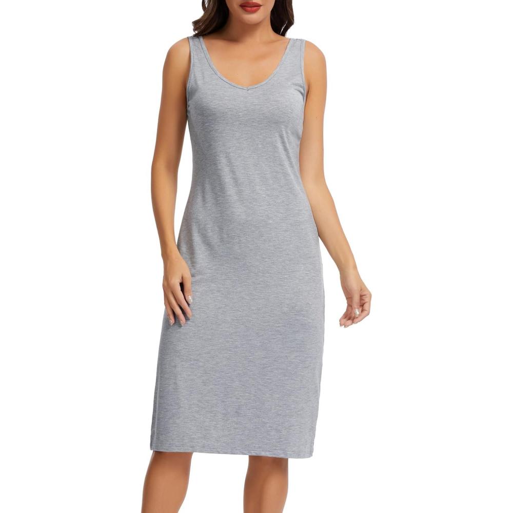 Lovasy Womens Full Slips for Under Dresses Long Tank Slip Dress V Neck Wide  Straps Sleeveless Nightgown Sleepwear S-3XL(Grey) - Lovasy Boutique
