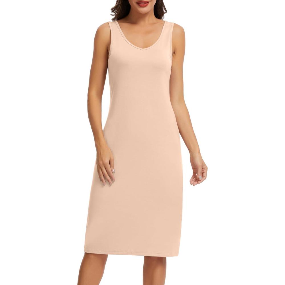 imageLovasy Womens Full Slips for Under Dresses Long Tank Slip Dress V Neck Wide Straps Sleeveless Nightgown Sleepwear S3XLNude