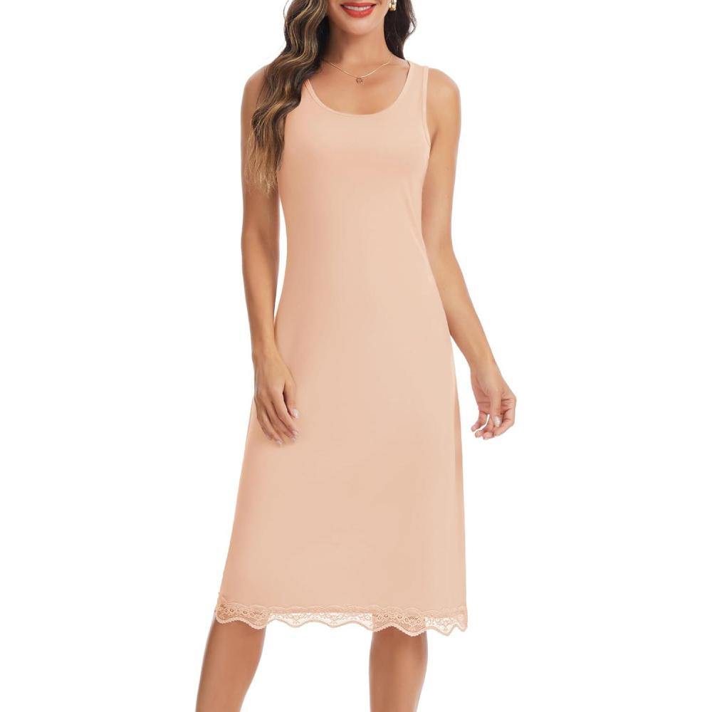 imageLovasy Long Slip Dress for Women Lace Wide Straps Full Slips Tank Top Modal Soft Under Dresses Nightgown S3XLNude
