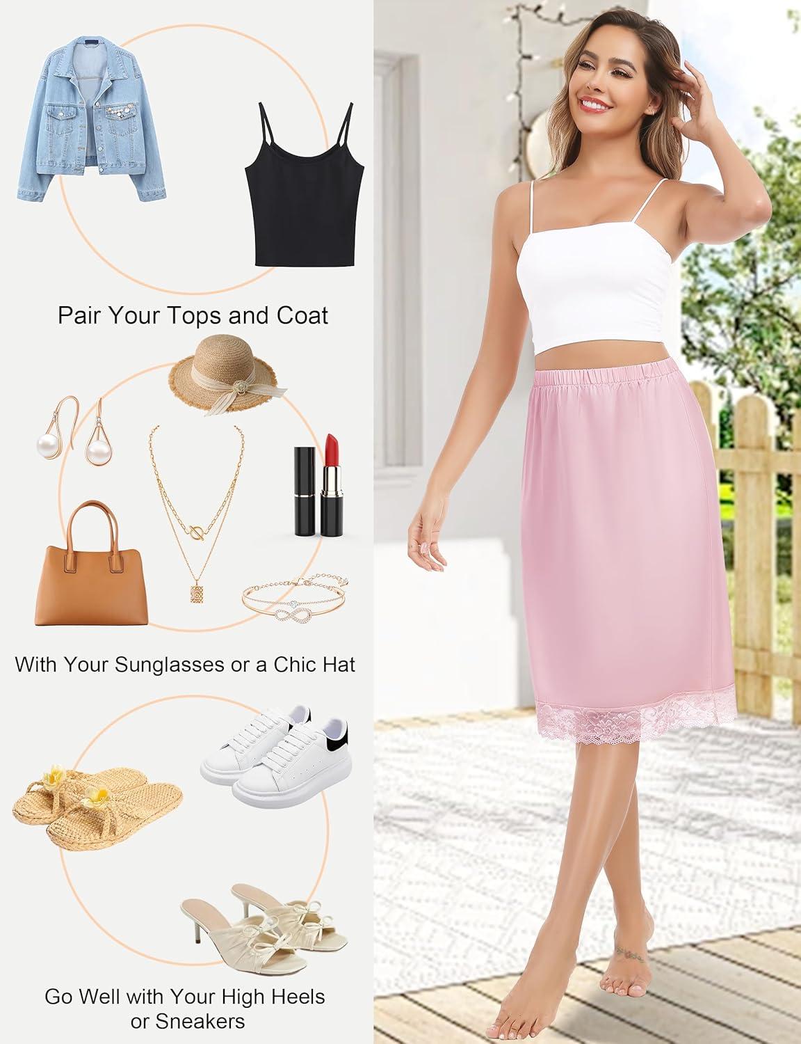 imageLovasy Womens Satin Half Slip Knee Length Underskirt with Lace Trim AntiStatic Smooth Under Dress Slips S3XLPink