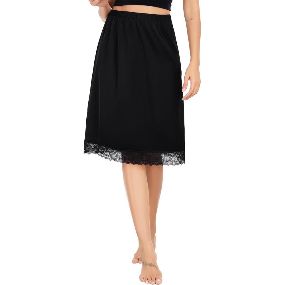 imageLovasy Womens Satin Half Slip Knee Length Underskirt with Lace Trim AntiStatic Smooth Under Dress Slips S3XLBlack