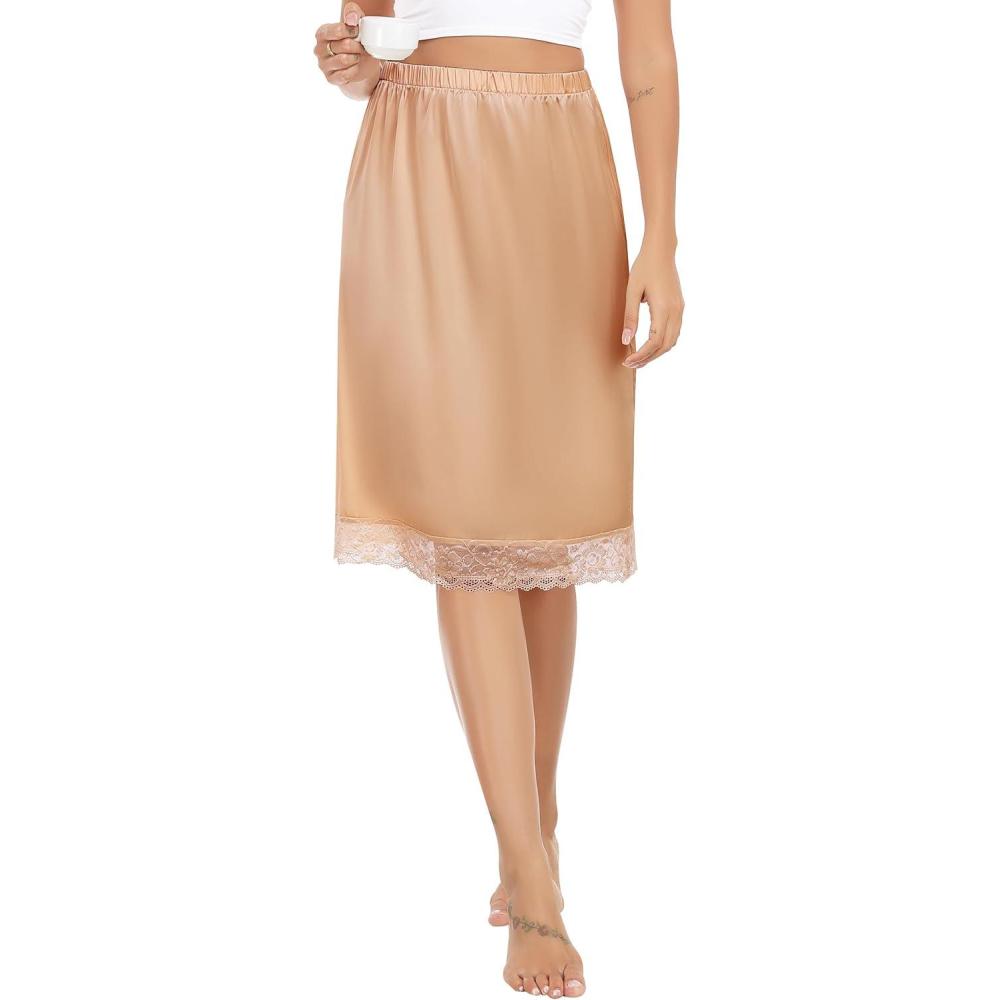 imageLovasy Womens Satin Half Slip Knee Length Underskirt with Lace Trim AntiStatic Smooth Under Dress Slips S3XLDeep Champagne
