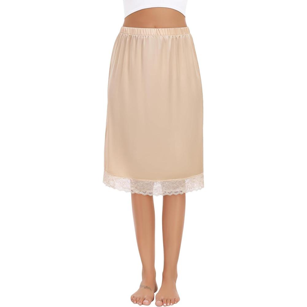 imageLovasy Womens Satin Half Slip Knee Length Underskirt with Lace Trim AntiStatic Smooth Under Dress Slips S3XLNude