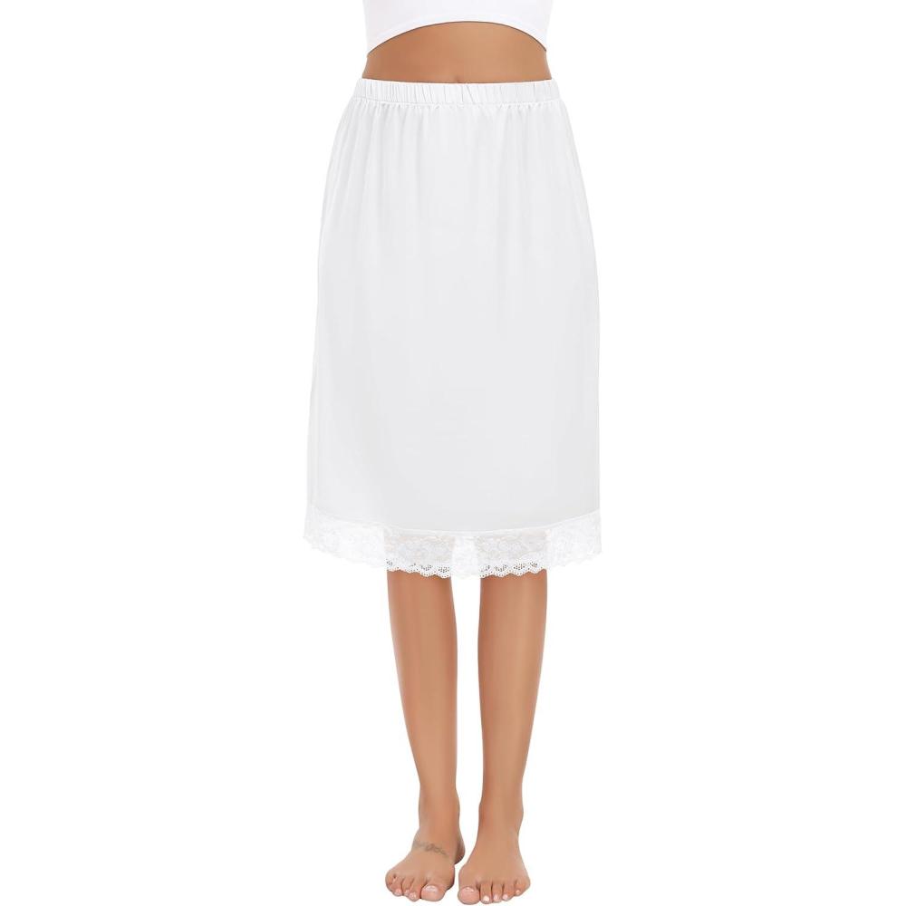imageLovasy Womens Satin Half Slip Knee Length Underskirt with Lace Trim AntiStatic Smooth Under Dress Slips S3XLWhite
