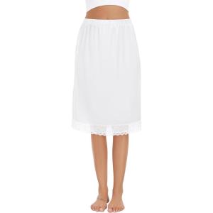 Lovasy Women’s Satin Half Slip Knee Length Underskirt with Lace Trim Anti-Static Smooth Under Dress Slips S-3XL(White)