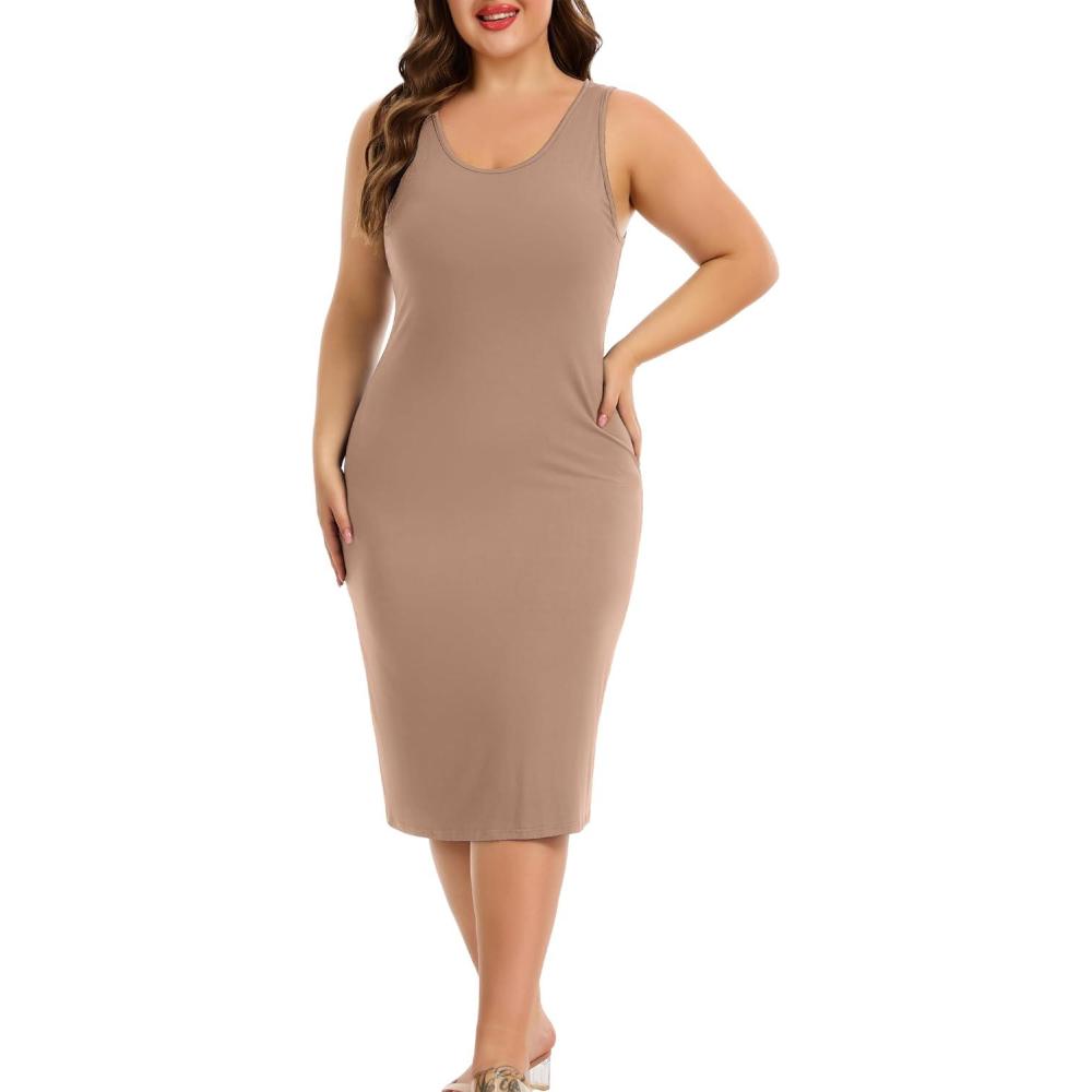 imageLovasy Womens Plus Size Full Slip Tank Top Under Dress Wide Straps Basic Dress Nightgown Soft Modal Slips 1XL5XLCoffee