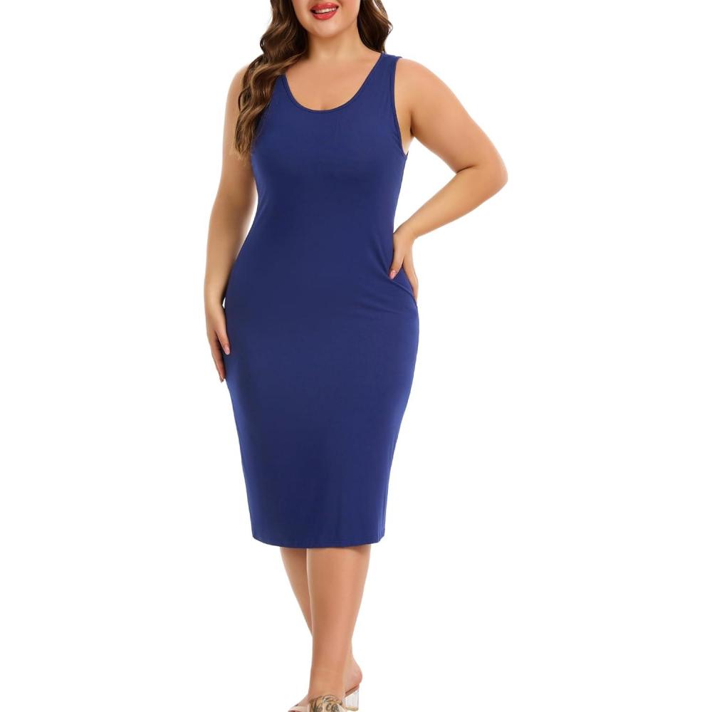 imageLovasy Womens Plus Size Full Slip Tank Top Under Dress Wide Straps Basic Dress Nightgown Soft Modal Slips 1XL5XLNavy Blue