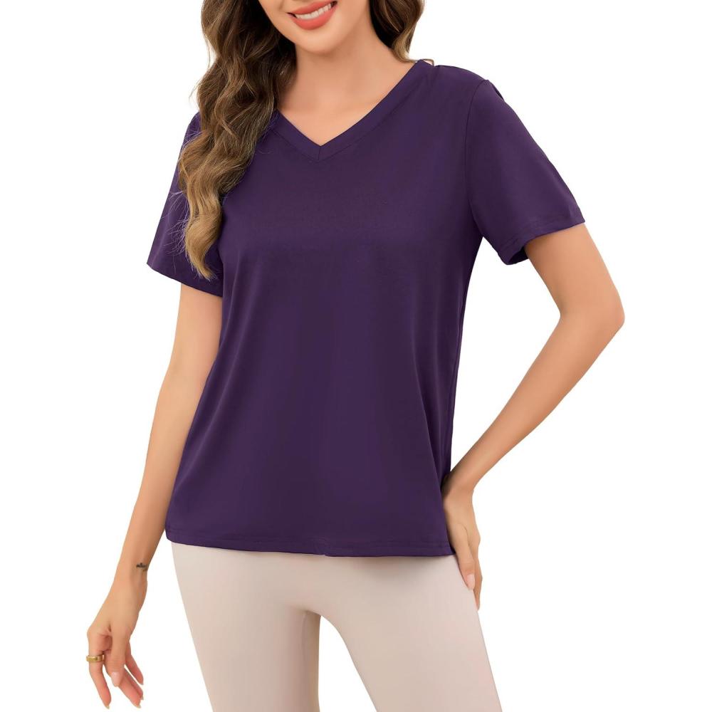 imageLovasy Womens Pajamas Tops V Neck Short Sleeve TShirt Pjs Blouse Sleepwear S3XLEggplant