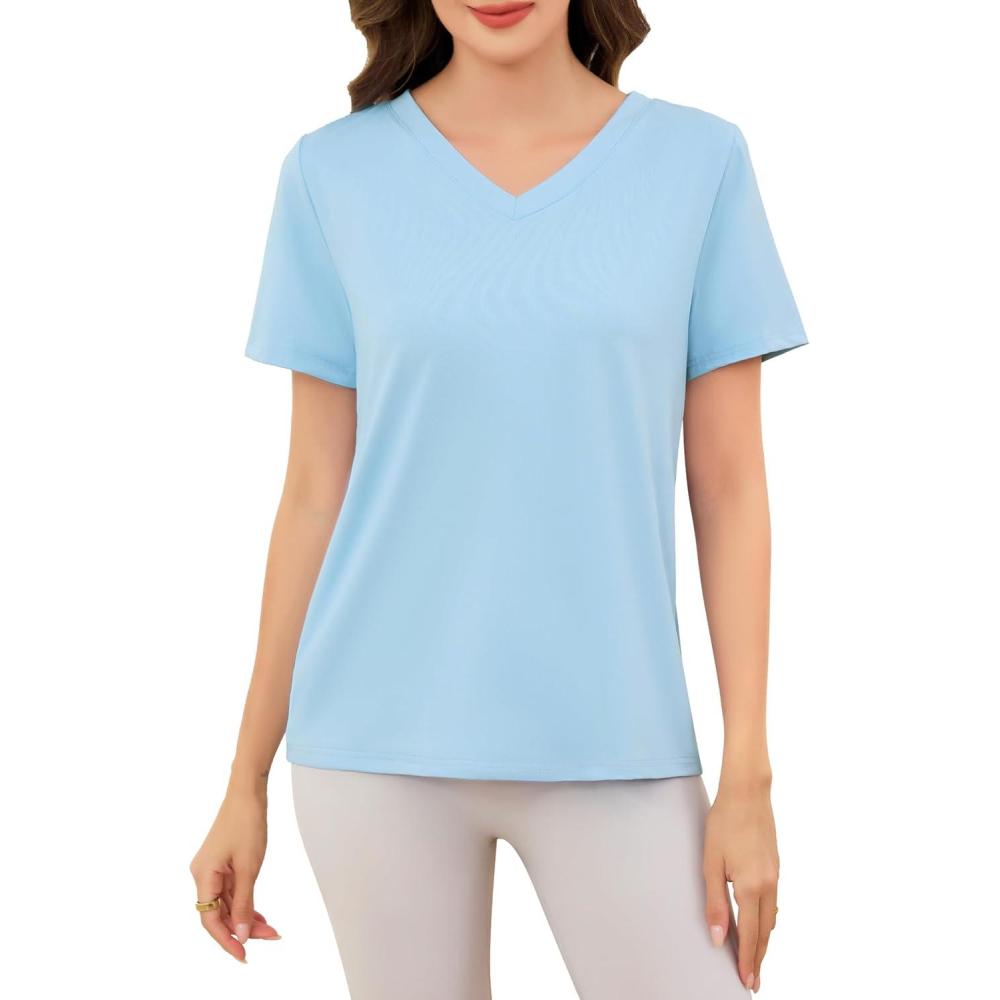 imageLovasy Womens Pajamas Tops V Neck Short Sleeve TShirt Pjs Blouse Sleepwear S3XLLight Blue