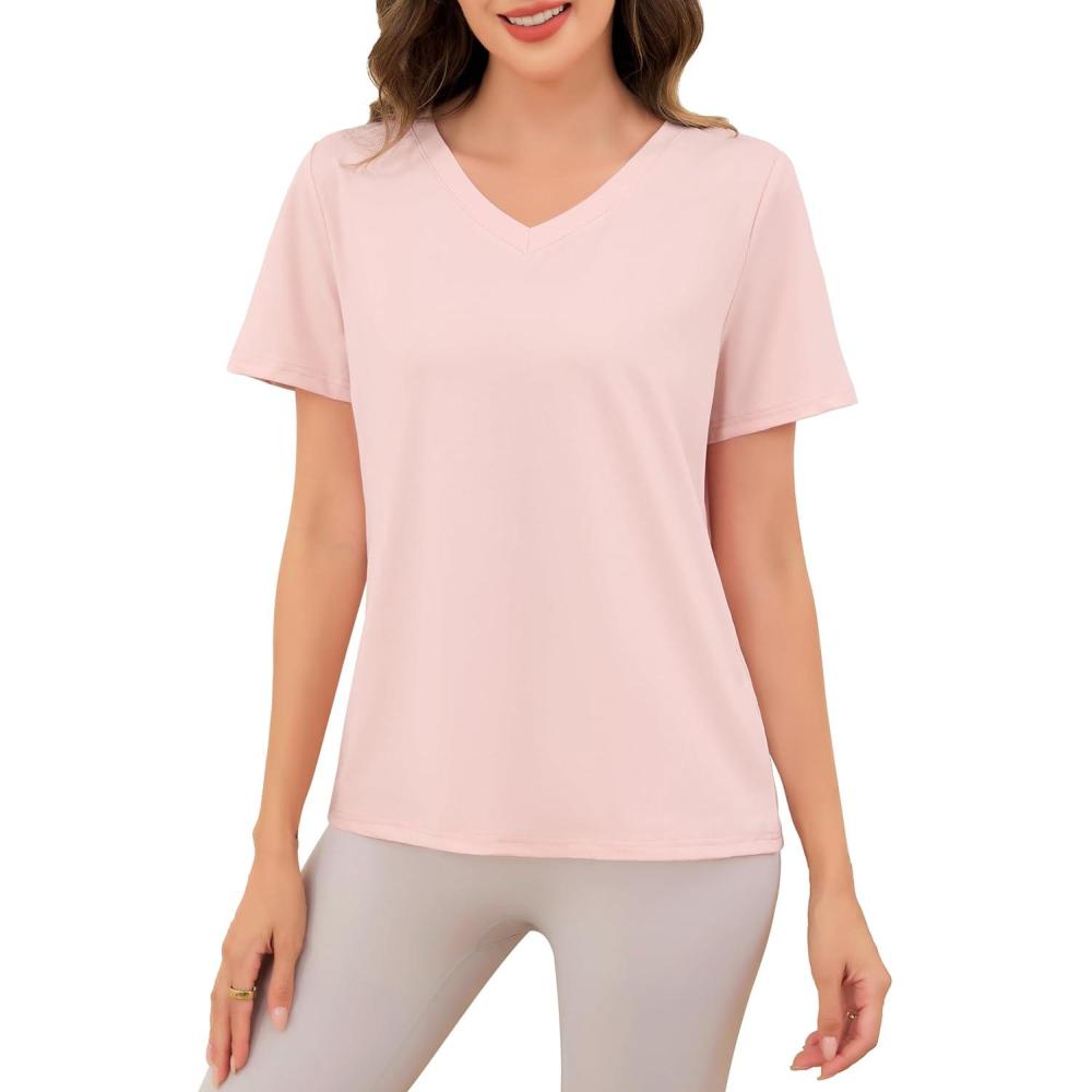 imageLovasy Womens Pajamas Tops V Neck Short Sleeve TShirt Pjs Blouse Sleepwear S3XLLight Pink