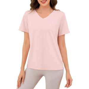 Lovasy Womens Pajamas Tops V Neck Short Sleeve T-Shirt Pjs Blouse Sleepwear S-3XL(Light Pink)